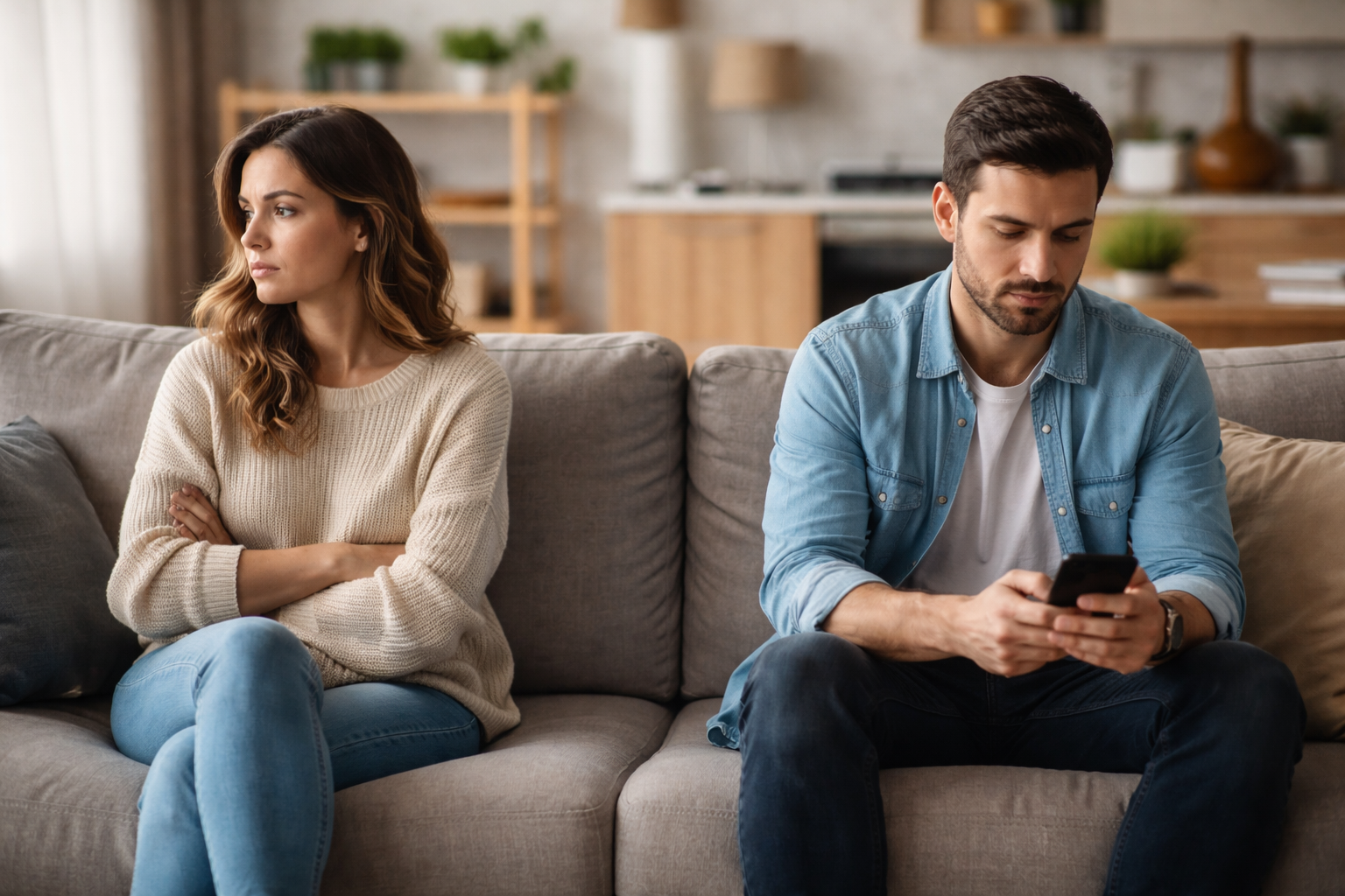 Couple in tension on sofa